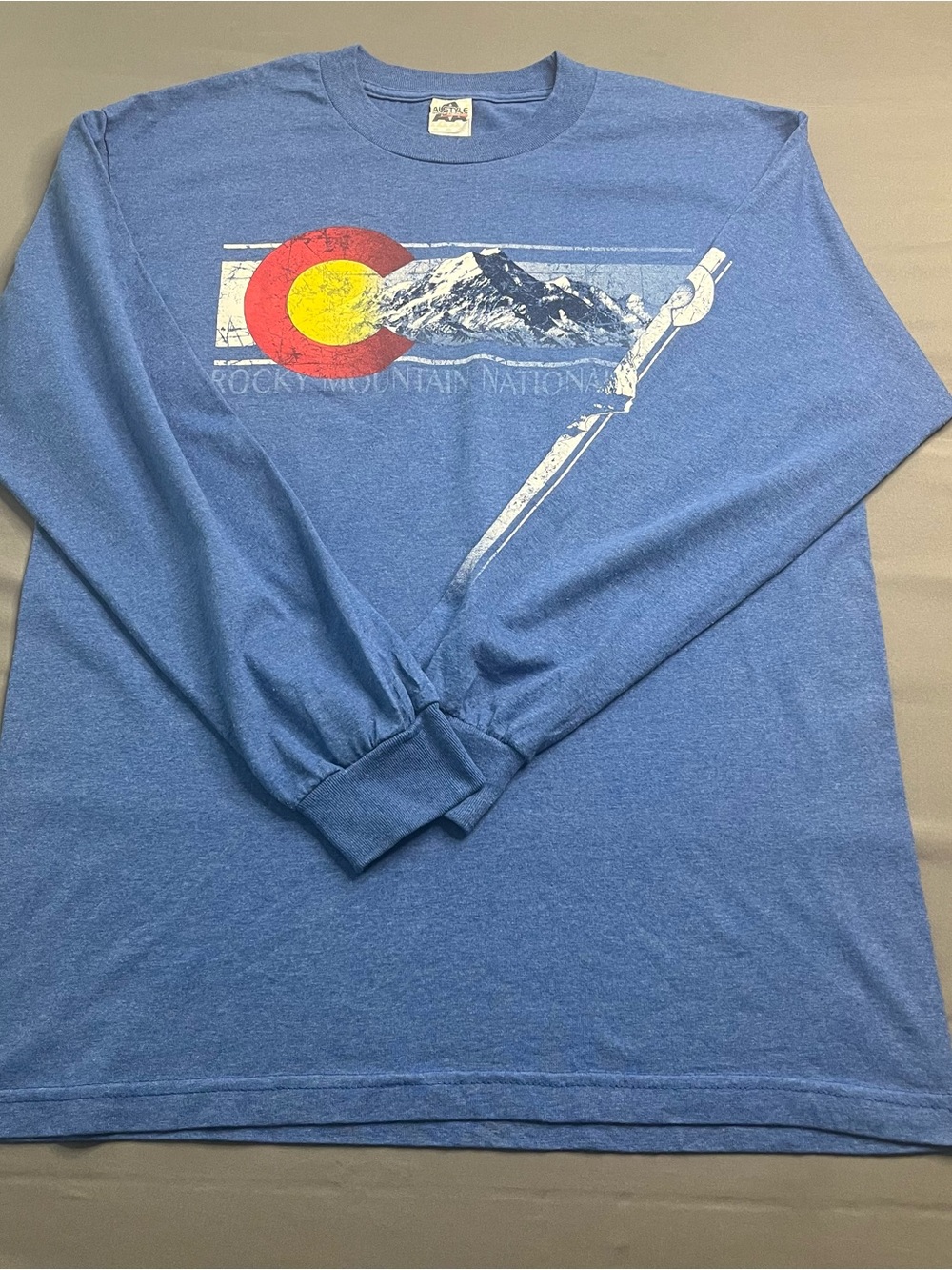 Alstyle Men's Long Sleeve Blue Rocky Mountain Graphic Tee